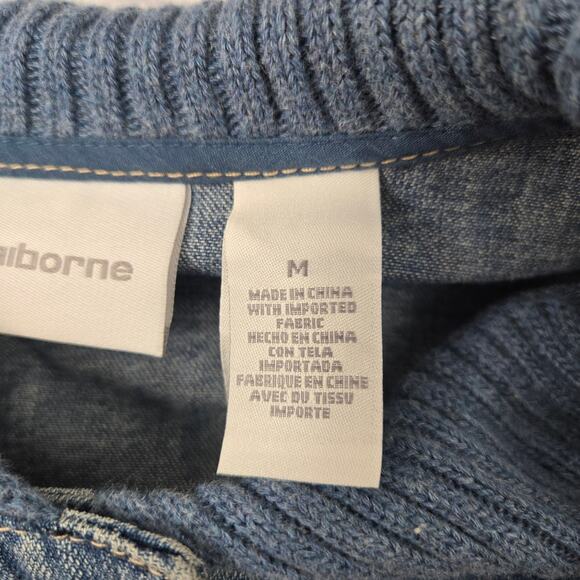 Liz Claiborne Denim Jean Jacket Knit Sleeves Shawl Collar Pocket Cuff Trim sz 14 - Picture 6 of 16